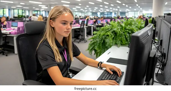 Young Woman Working on Computer in Modern Office Environment