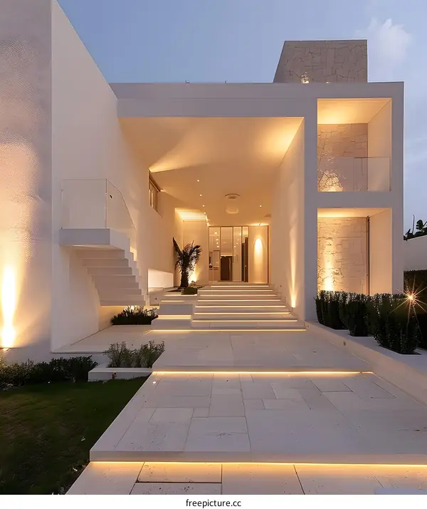 Modern Minimalist House Exterior Design With Stone Facade And Illuminated Steps