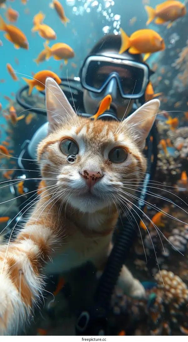 Scuba diver cat takes a selfie with a school of fish in the background