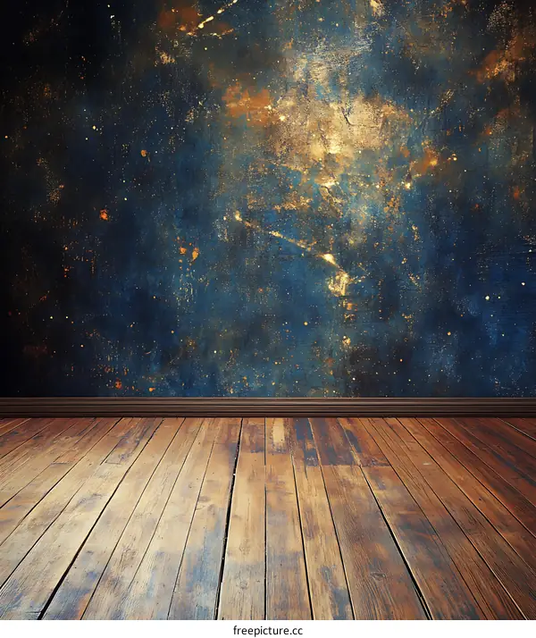 Dark Blue Grunge Background with Wood Floor