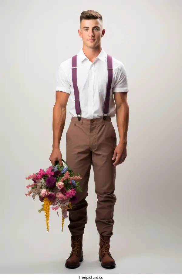 A young man in a white shirt and brown pants holding a bouquet of flowers