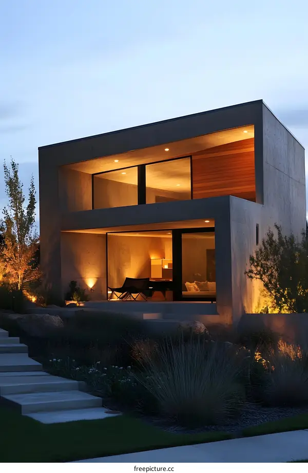 Modern Concrete House with Large Windows and Outdoor Patio