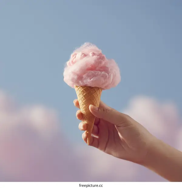 Pink Cotton Candy Ice Cream Cone in a Hand against a Cloudy Sky