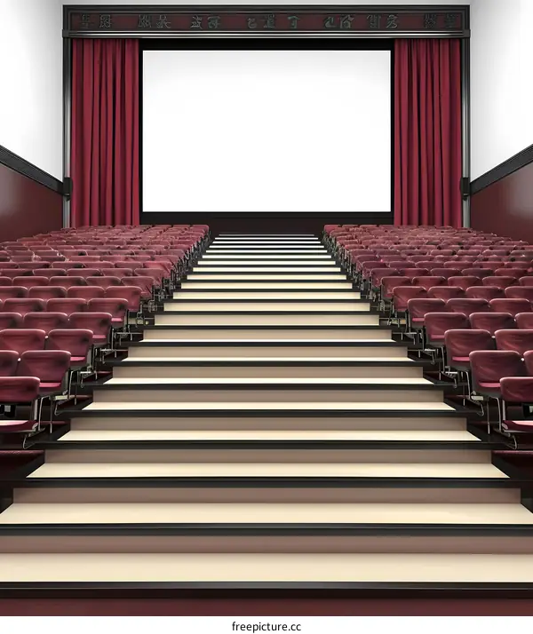 Empty Auditorium with Red Seats and Blank Screen