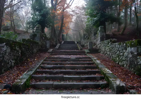 Stone steps in a forest with fallen leaves