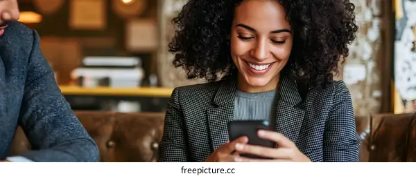 Smiling Woman Using Phone In Cafe