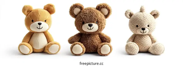 Three Cute Stuffed Teddy Bears on a White Background