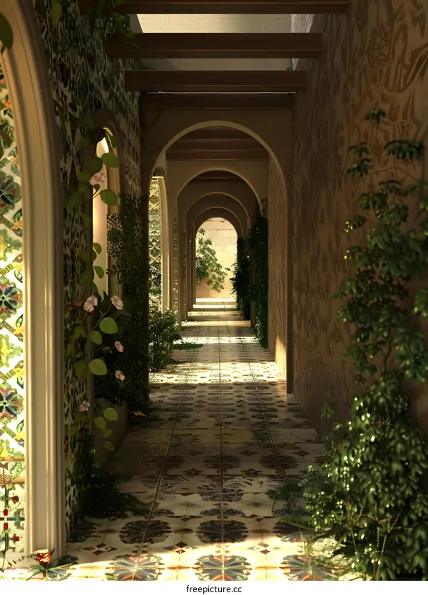 Arches and Vines in a Medieval Hallway