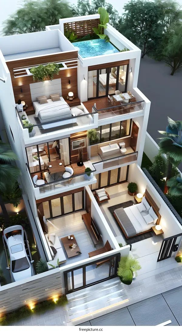 3-story modern house with pool on the roof