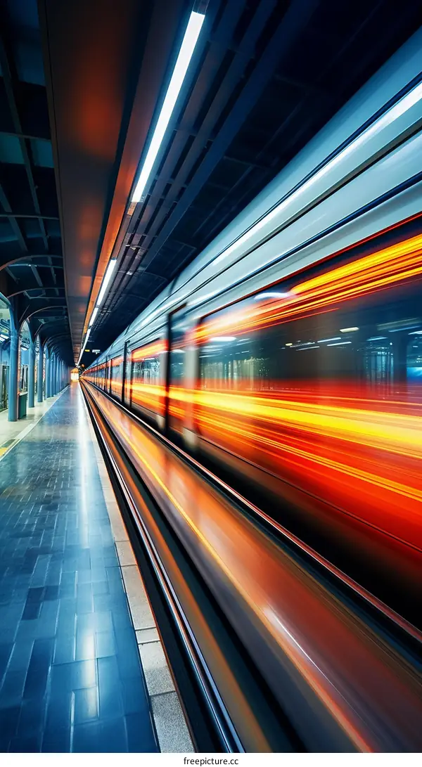 Subway train in motion with light trails