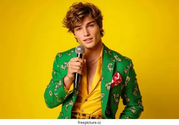 Young Man Singing with Microphone in Green Jacket