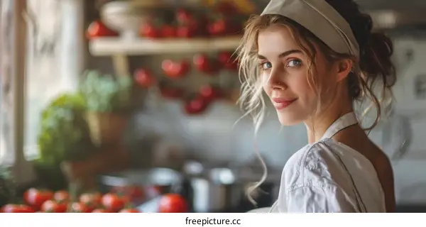 Portrait of a Young Blonde Woman Cooking in Kitchen