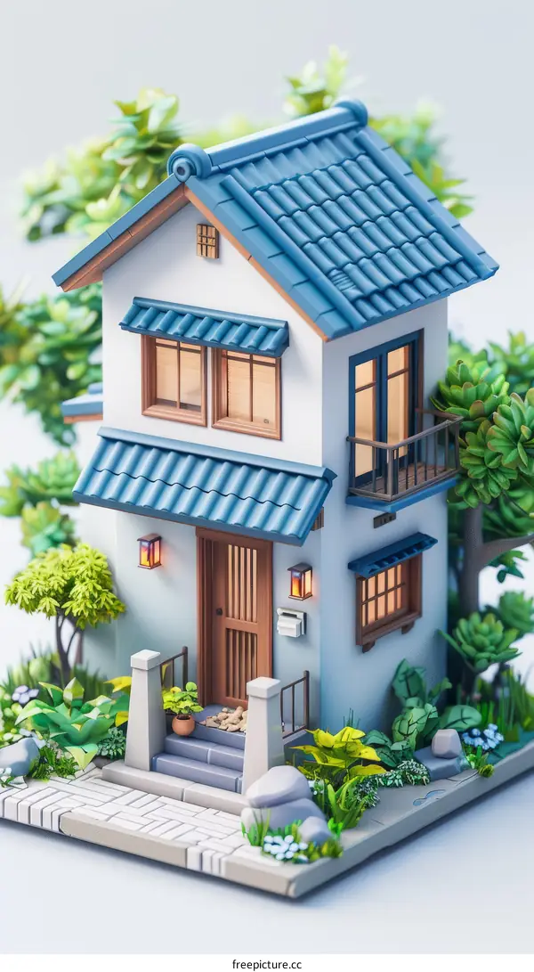 Small and cute Japanese style house with blue roof and white walls