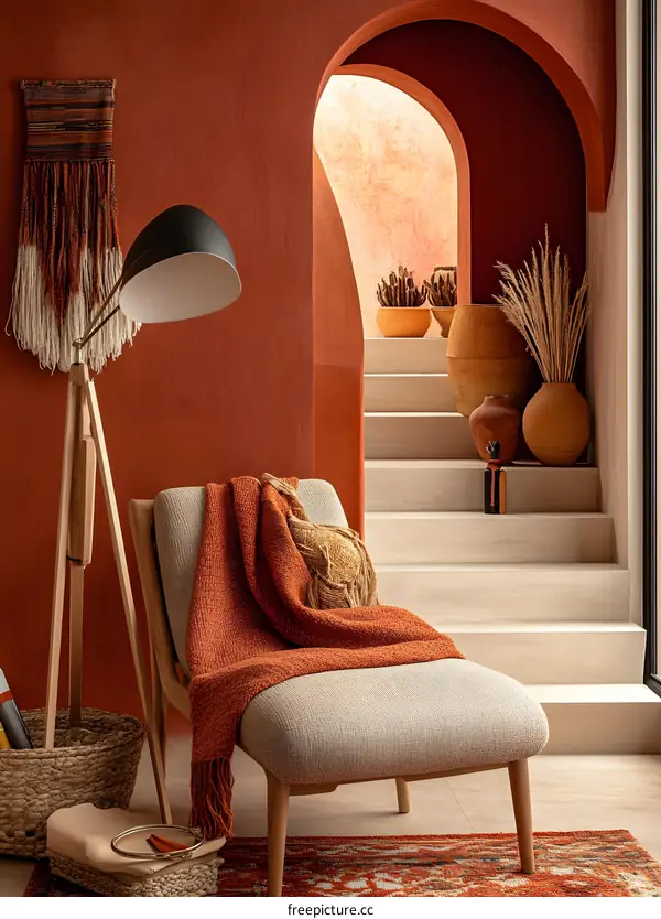 Modern Interior Design with Orange Walls and Wooden Furniture