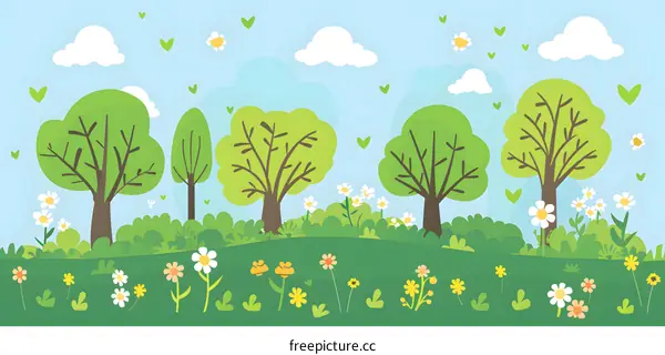 Green Trees and Flowers Spring Meadow Cartoon Illustration