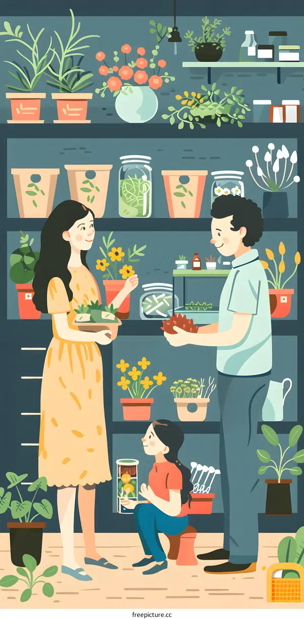 Family Buying Plants at a Flower Shop Illustration