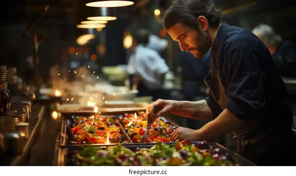 Chef carefully sprinkles spices over a pan of vegetables
