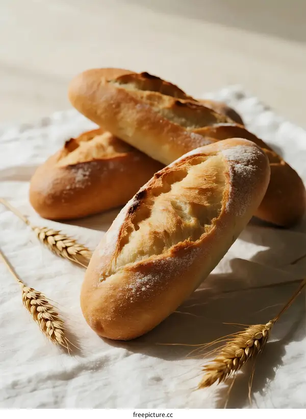 Freshly baked baguettes with golden crust and wheat ears