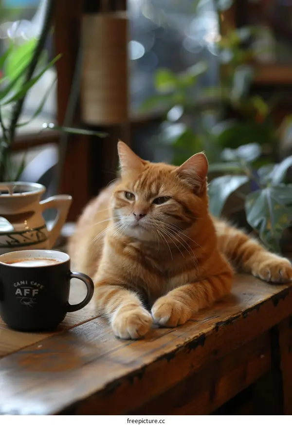 A ginger cat is lying on a wooden table in a cafe