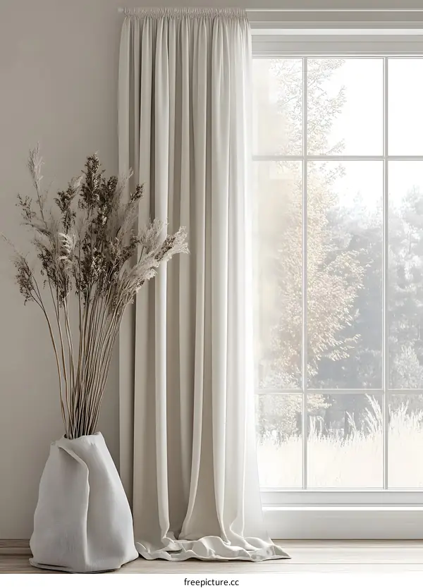 Minimalist Home Interior Design with White Curtains and Dried Flowers in a Vase