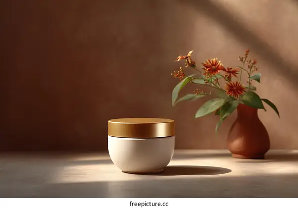 Elegant Cream Jar Display with Floral Arrangement