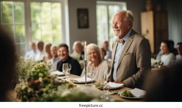 An elderly man giving a speech at a dinner party