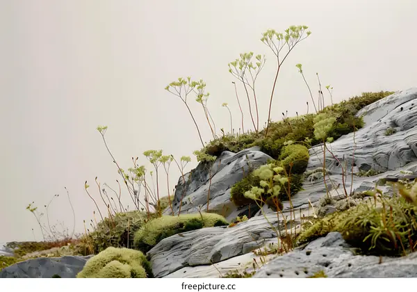 Closeup of Moss and Flowers Growing on Rocks