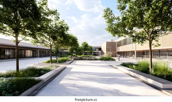 Modern Architectural Design Courtyard With Trees and People