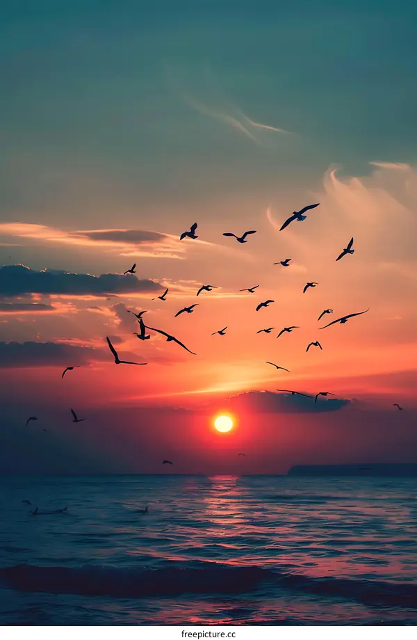 Silhouettes of Birds Flying Over The Sea During Sunset