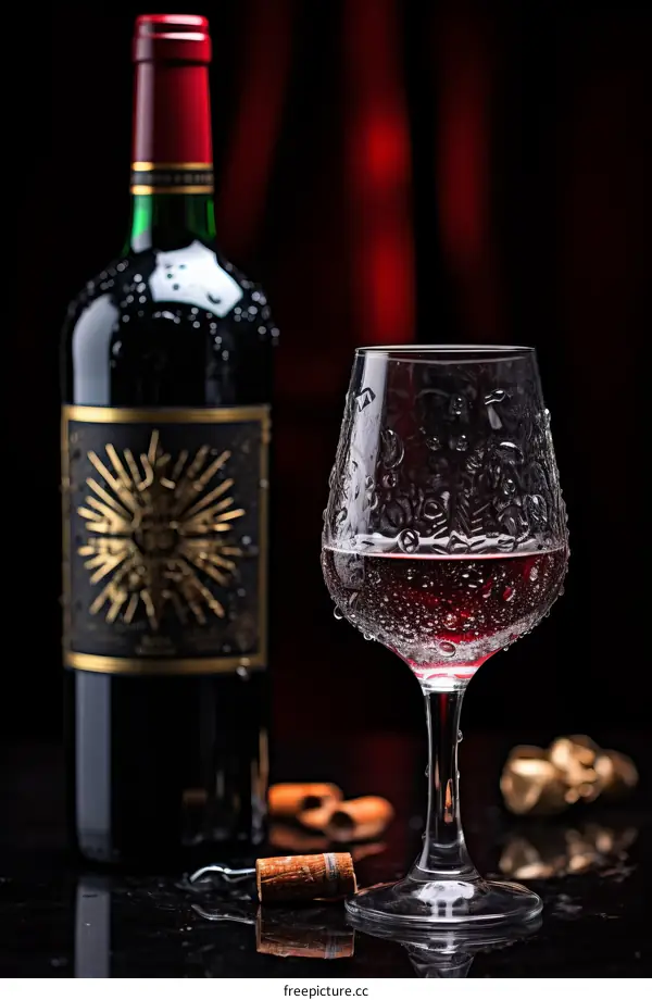 Red Wine Bottle and Glass Close-up