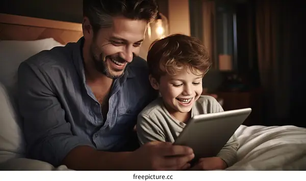 Father and son bonding over a tablet