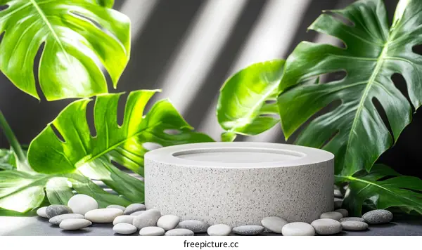 Stylish Minimalist Concrete Display Platform with Tropical Plants