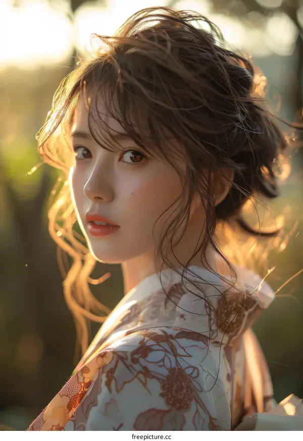 Asian Woman in Kimono in Sunlight