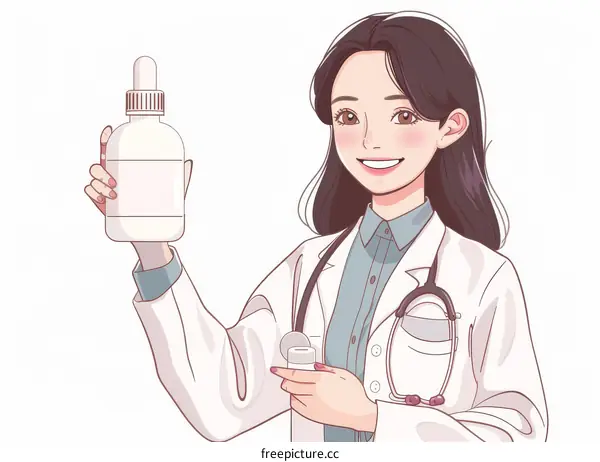 Asian female doctor holding and presenting a bottle of medicine