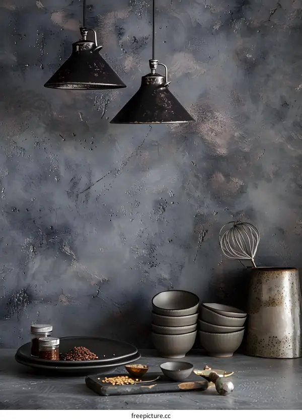 Black and Grey Kitchen Still Life With Hanging Lights