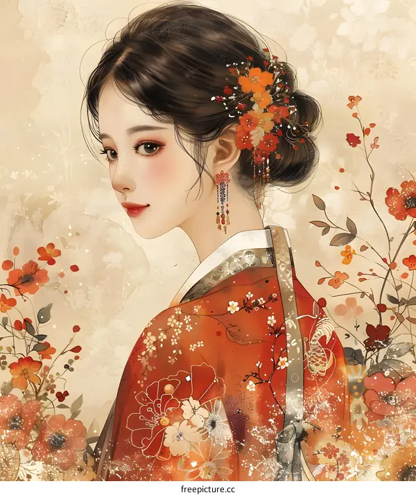 Elegant Asian Woman Wearing Traditional Hanbok with Floral Details