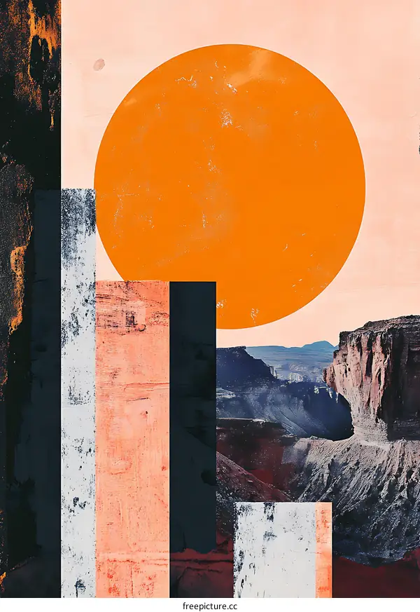 Abstract Art with Desert Canyon Landscape and Orange Circle