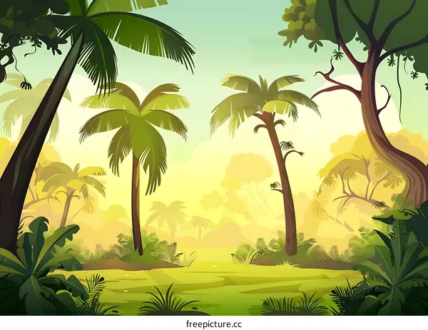 Tropical Jungle Landscape Illustration With Palm Trees