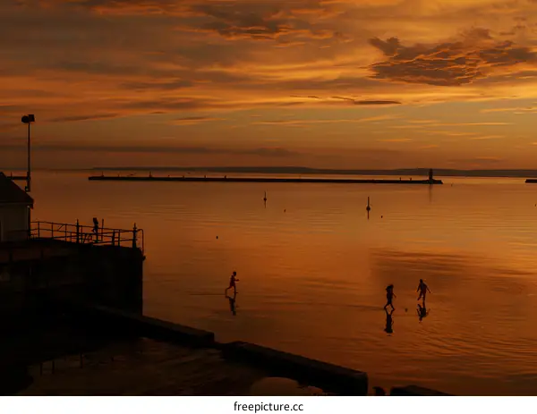 Silhouettes of People Playing in the Water at Sunset
