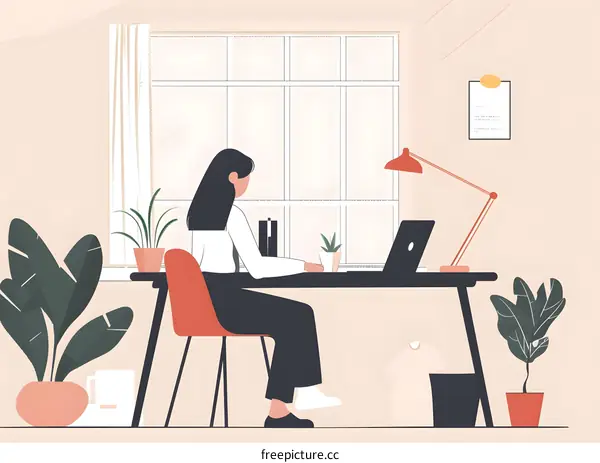 Woman Working at Desk in Home Office with Plants