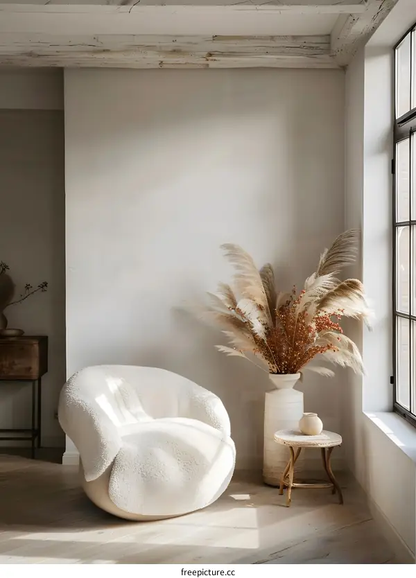 White Chair In Minimalist Living Room With Pampas Grass