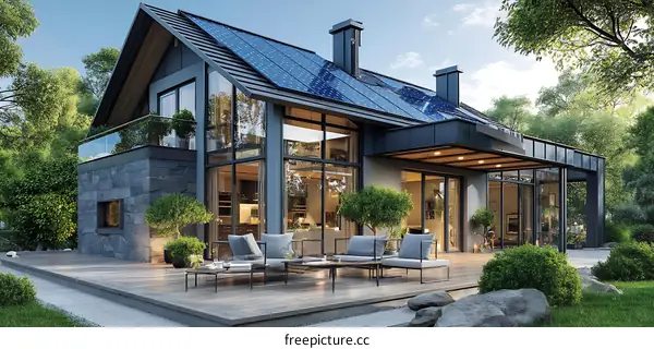 Modern Farmhouse with Solar Panels and Patio