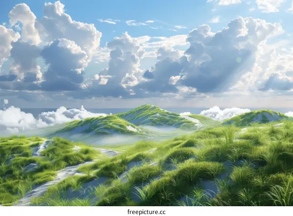 Expansive Sand Dunes and Vibrant Grass under a Clear Sky
