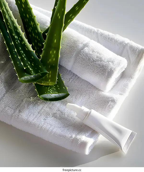 Aloe Vera Plant with Cream Tube and White Towel on White Surface