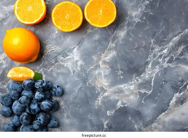 Fresh Blueberries Oranges and Lemon on Marble Surface