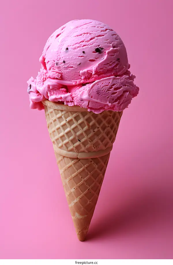 Single-scoop strawberry ice cream cone