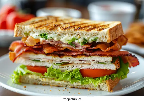 A delicious sandwich with bacon, turkey, tomato, and lettuce