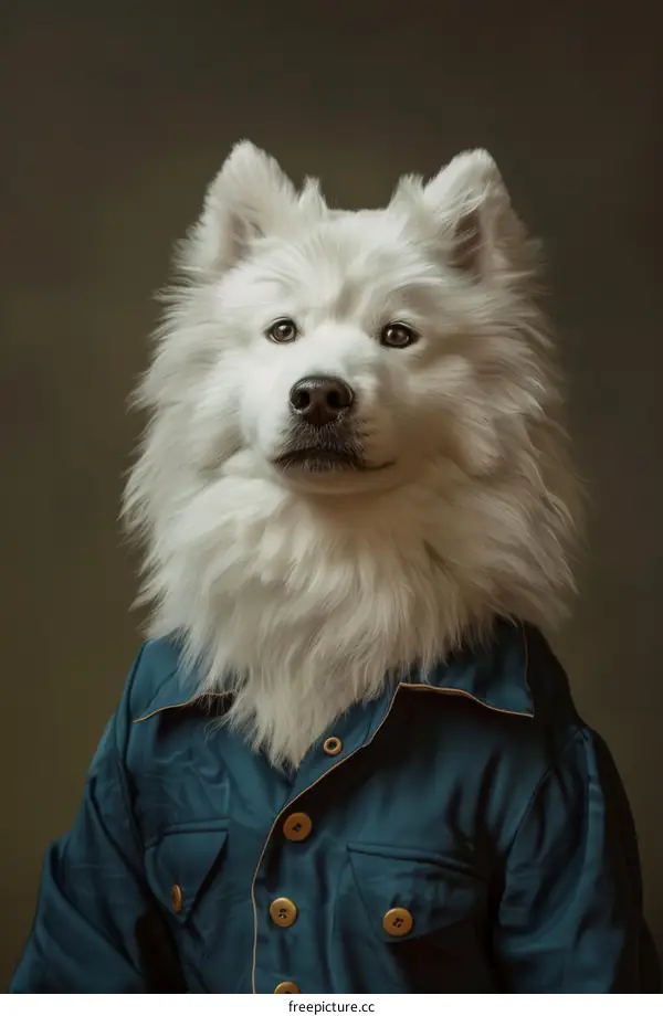 A Samoyed dog wearing a blue shirt