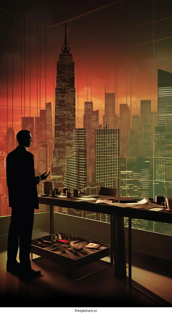 Illustration of a man looking out at a city skyline