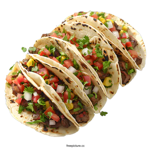 [Transparent Background PNG]A plate of delicious tacos with meat, tomatoes, onions and cilantro.
